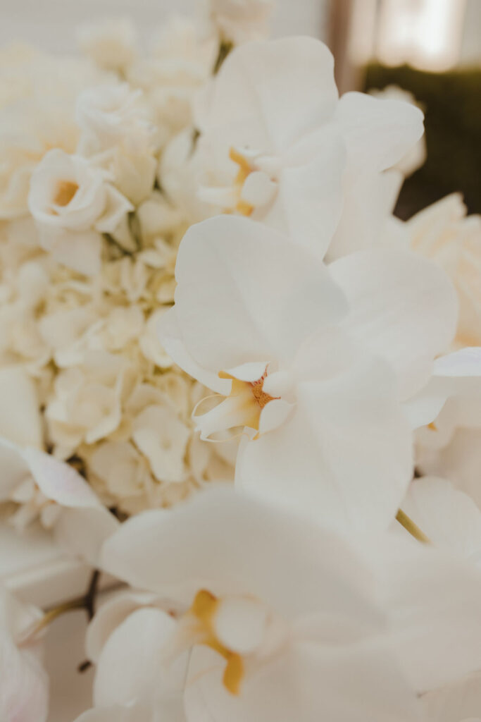 Weiße Orchideen als Hochzeitsfloristik beim Classy Beach Styled Shoot