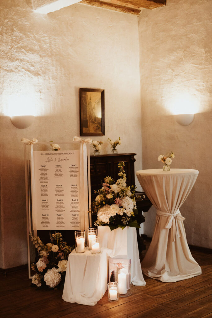 Sitzplan und Hochzeitsdekoration im Gutshaus Stolpe