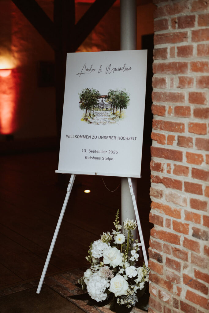 Willkommensschild zur Hochzeit im Gutshaus Stolpe